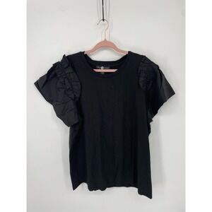 Ashley Stewart T-Shirt Top Womens 18/20 Black Cotton Stretch Ruffle Sleeve NWT